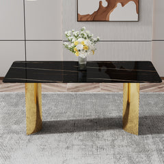 Modern minimalist dining table. The black patterned glass desktop is equipped with golden metal legs. Suitable for restaurants and living rooms 71" *39.3" *29.5" DT-69.W1151S00381