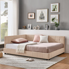 Full Size Upholstered Tufted Bed Frame, Sofa Bed Frame with Comfortable Backrest and Armrests, Full Size Bed for Bedroom, Living Room,Velvet, PINK(80.5''*59''*30.5'')