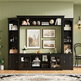 All-in-One Modern TV Stand with Bookcase for TVs Up to 65-inch, Entertainment Center with 4 Adjustable Shelves,Tempered Glass Doors, Display Storage Cabinet, Ample Storage Space TV Stand