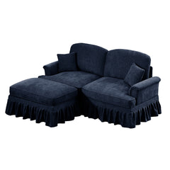 Elegant Mid Century Large Two Seater Modular L Shaped Sofa Couch with Flared Arms and Removable Ruffles Pleats Skirts and Spindle Legs, Comfy Chenille Loveseat Sofa with Movable Ottoman,Blue