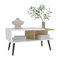 Coffee Table, 2 Shelves, 4 legs, White / Natural Oak