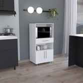 Kitchen Pantry 48" H, Two Open Storage Shelves, One for Microwave, Two Doors, Four Legs, White