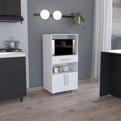 Kitchen Pantry 48" H, Two Open Storage Shelves, One for Microwave, Two Doors, Four Legs, White