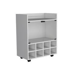 32" H white bar- coffee cart, Kitchen or living room cabinet storage with 4 wheels, with 8 bottle racks, a central shelf covered by 1 glass door, ideal for storing glasses and snacks