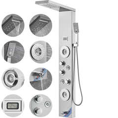 Shower Panel System, 6 Shower Modes, LED & Display Shower Panel Tower, Rainfall, Waterfall, 4 Body Massage Jets, Tub Spout, Handheld Shower Head 59" Hose, Stainless Steel Wall-Mounted Shower Set
