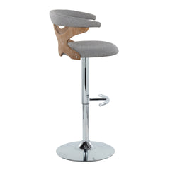 Gardenia Contemporary Adjustable Barstool with Swivel in Chrome Metal, White Washed Wood and Light Grey Fabric with Rounded T Footrest by LumiSource - Set of 2