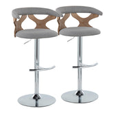 Gardenia Contemporary Adjustable Barstool with Swivel in Chrome Metal, White Washed Wood and Light Grey Fabric with Rounded T Footrest by LumiSource - Set of 2