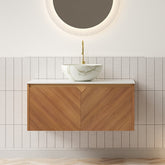 RUBEN 36" Bathroom Vanity&Sink, Floating Plywood Storage Cabinet, Twill Double Doors with Metal Trim, Stone Pattern White Bowl Ceramic Vessel Basin&Sintered Stone Top, Brown Oak Woodgrain Color