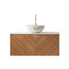 RUBEN 36" Bathroom Vanity&Sink, Floating Plywood Storage Cabinet, Twill Double Doors with Metal Trim, Stone Pattern White Bowl Ceramic Vessel Basin&Sintered Stone Top, Brown Oak Woodgrain Color
