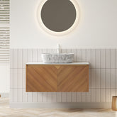 RUBEN 36" Bathroom Vanity&Sink, Floating Plywood Storage Cabinet, Twill Double Doors with Metal Trim, Marble Pattern Ceramic Vessel Basin&Carrara White Sintered Stone Top, Brown Oak Woodgrain Color