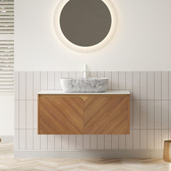 RUBEN 36" Bathroom Vanity&Sink, Floating Plywood Storage Cabinet, Twill Double Doors with Metal Trim, Marble Pattern Ceramic Vessel Basin&Carrara White Sintered Stone Top, Brown Oak Woodgrain Color