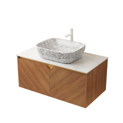 RUBEN 36" Bathroom Vanity&Sink, Floating Plywood Storage Cabinet, Twill Double Doors with Metal Trim, Marble Pattern Ceramic Vessel Basin&Carrara White Sintered Stone Top, Brown Oak Woodgrain Color