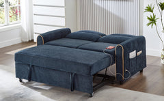 Chenille Pull Out Sofa Bed, 58-inch Sofa Bed, Sleeper Sofa, Loveseat Sofa with Adjustable 3 -Position Backrest, 4 Side Pockets and Charging Ports for Living Room, Blue