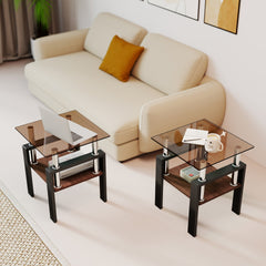 Set of 2 Modern Tempered Glass Tea Table ,Tempered Glass Tabletop with MDF Layer,Coffee Table,End Table, Square Table for Living Room, Brown/black