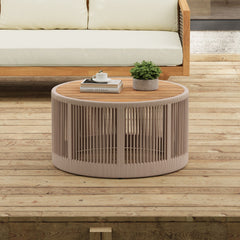 Outdoor Rattan rope & Acacia Wood Coffee Table - Patio Balcony Furniture for Garden, Yard, Balcony - Weather Resistant(Rope Beige, Natural Iron)
