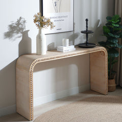 Natural wood Console Table, 59in Entryway Table, Curved Waterfall-style Table,Console table with wood beads,Entrance Table for Entryway, Hallway, Living Room, Foyer, Corridor, Office
