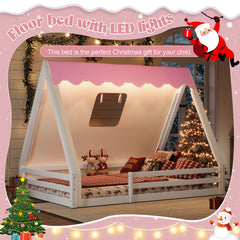 Full Size House Floor Bed with Tent and Light, Solid Wood Teepee Floor Bed with Full-length Guardrails, Montessori and Childlike Design, White+Pink