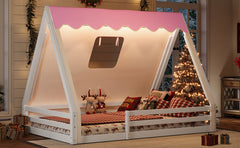 Full Size House Floor Bed with Tent and Light, Solid Wood Teepee Floor Bed with Full-length Guardrails, Montessori and Childlike Design, White+Pink
