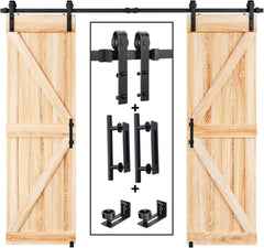 8 FT Double Sliding Barn Door Track and Handle Hardware Kit,Basic J Pulley,Slide Smoothly Quietly,Easy Install (8FT Track Kit for 20"~24" Wide Double Door)
