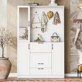 VIBE HAUS 51.1'' Entryway Bench with Integrated Shoe Cabinet , 3-in-1 Design and Mirrored Cabinet Door, Hall Tree with 4 Sturdy Hooks and Foldable Seat for Entrance, Living Room