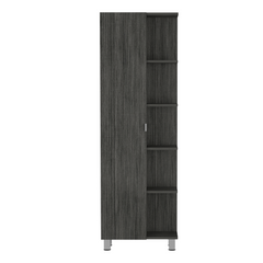 Linen Single Door Cabinet 62" H, Five External Shelves, Four Interior Shelves, Smokey Oak