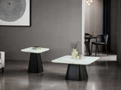 Contemporary Style 3pc Table Set 1x Square Coffee Table 2x Square End Table Faux Marble Soft Curved Edges Top Black Finish Primary Living Room