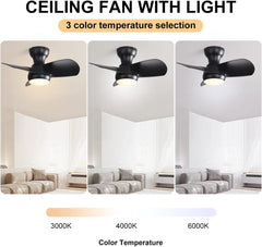 23 Inch Bedroom Ceiling Fan With 3 ABS Blades Remote Control DC Motor Black With 18W Led Light
