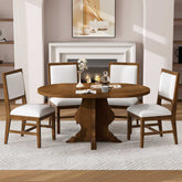 TREXM Farmhouse 5-Piece Dining Table Set with 4 Upholstered Chairs, Wood Extendable Dining Table with 15.7" Leaf for Extra Seating for Dining Room, Kitchen and Living Room (Brown)