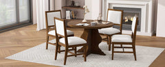 TREXM Farmhouse 5-Piece Dining Table Set with 4 Upholstered Chairs, Wood Extendable Dining Table with 15.7" Leaf for Extra Seating for Dining Room, Kitchen and Living Room (Brown)