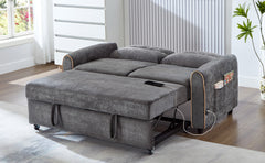 Chenille Pull Out Sofa Bed, 58-inch Sofa Bed, Sleeper Sofa, Loveseat Sofa with Adjustable 3 -Position Backrest, 4 Side Pockets and Charging Ports for Living Room, Gray