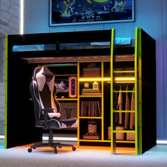 Full Size Wood Loft Bed with Desk,Open Wardrobe,Storage Compartments and RGB Lights,Green