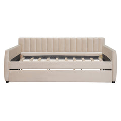 Full Size Upholstered daybed with Trundle and Wood Slat Support, Beige