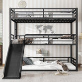 Full over Full over Full Bunk Bed with Slide, Metal Triple Bunk Bed with Safety Guardrails, Heavy-duty Bunk Bed with Noise-reduced Design, Black