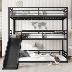 Full over Full over Full Bunk Bed with Slide, Metal Triple Bunk Bed with Safety Guardrails, Heavy-duty Bunk Bed with Noise-reduced Design, Black