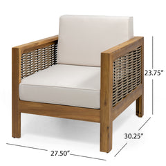 Set of 2, Outdoor Acacia Wood Club Chair with Wicker Accents, Teak Finish + Mixed Brown + Beige, 30.25"D x 27.5"W x 23.75"H