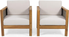 Set of 2, Outdoor Acacia Wood Club Chair with Wicker Accents, Teak Finish + Mixed Brown + Beige, 30.25"D x 27.5"W x 23.75"H