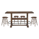 Brown Finish 5pc Pub Height Furniture Set Table w Metal Footrest and 4x Stools Sturdy Wood Frame Classic Aesthetic