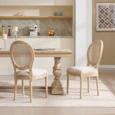 French Country Dining Chairs Set of 2, Upholstered Chairs with Nature Rattan Round Back, Wire drawing and carving techniques ,Disassemblable , for Living Room, Kitchen , Restaurant Use,Beige