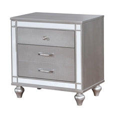 Silver 1pc Nightstand Bun Feet Crocodile-Textured Bedside Table Mirror Trim Felt-lined Top Drawers Bedroom Furniture