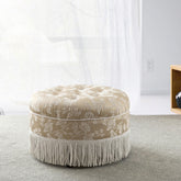 Yolanda 24" Round Upholstered Accent Ottoman, Champagne Beige Floral Jacquard with Ivory Trim