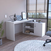 Dallas L-Shaped Home Office Desk, Two Shelves, Single Door Cabinet