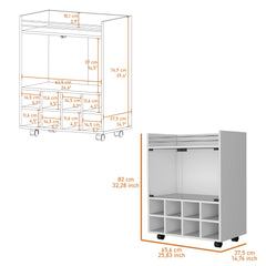 Minneapolis Bar Cart with Integrated 8-Bottle Rack, Glass Encased Cabinet and Aluminum Bar Top