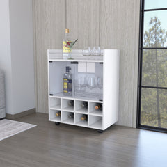 Minneapolis Bar Cart with Integrated 8-Bottle Rack, Glass Encased Cabinet and Aluminum Bar Top