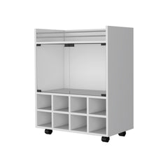 Minneapolis Bar Cart with Integrated 8-Bottle Rack, Glass Encased Cabinet and Aluminum Bar Top