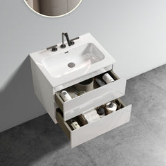 TIA 24" Wall Mount White Glossy Bathroom Vanity with Ceramic Sink with Three Faucet Holes, Large Storage Floating Bathroom Vanity for Bathroom, One-Piece Sink Basin without Drain, Pre-assembled