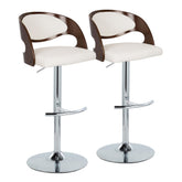Pino Mid-Century Modern Adjustable Barstool with Swivel in Chrome Metal, Cherry Wood and White Faux Leather with Rounded T Footrest by LumiSource - Set of 2