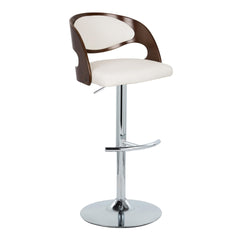 Pino Mid-Century Modern Adjustable Barstool with Swivel in Chrome Metal, Cherry Wood and White Faux Leather with Rounded T Footrest by LumiSource - Set of 2