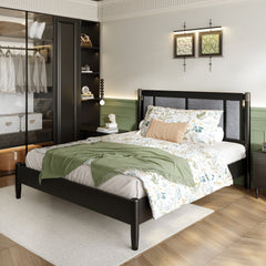 Solid Wood Queen Bed, Heavy Duty 500 lbs Support, No Box Spring Needed, Black Upholstered Headboard with Metal Handles