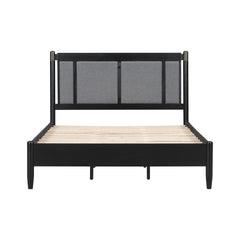 Solid Wood Queen Bed, Heavy Duty 500 lbs Support, No Box Spring Needed, Black Upholstered Headboard with Metal Handles