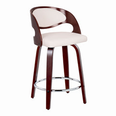 Pino 24" Mid-Century Modern Fixed-Height Counter Stool with Swivel in Cherry Wood and White Faux Leather with Round Chrome Metal Footrest by LumiSource - Set of 2